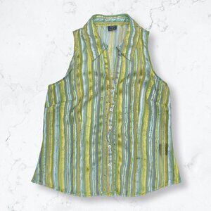 Vintage Tribal Brand Sheer Metallic Green Yellow Striped Sleeveless Blouse Sz 8